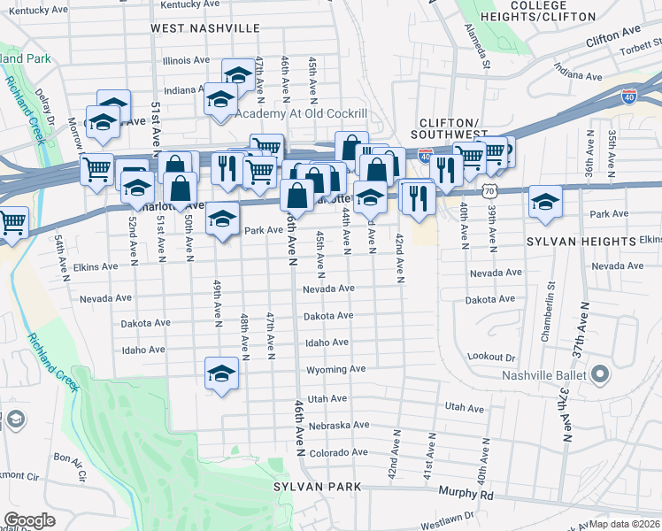 map of restaurants, bars, coffee shops, grocery stores, and more near 4503 Elkins Avenue in Nashville