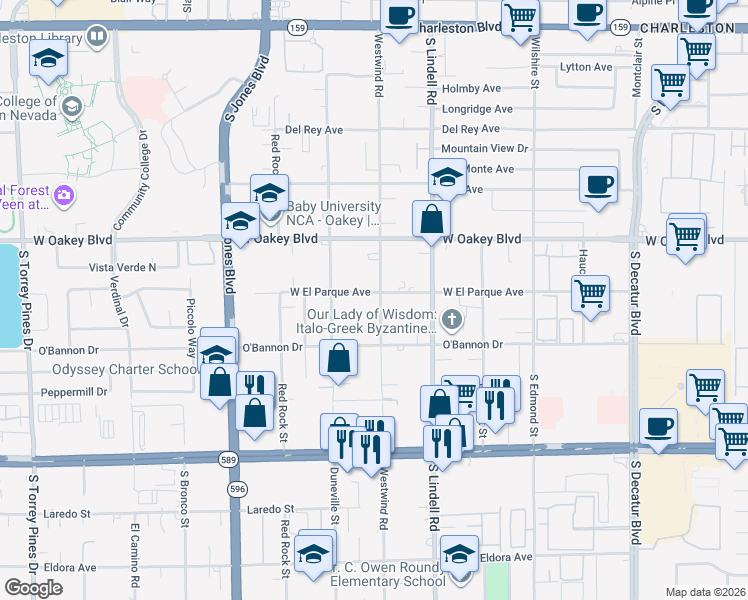 map of restaurants, bars, coffee shops, grocery stores, and more near 2015 Westwind Road in Las Vegas