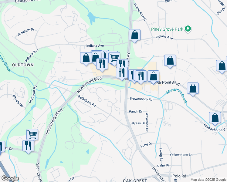 map of restaurants, bars, coffee shops, grocery stores, and more near 3001 Northwood Drive in Winston-Salem