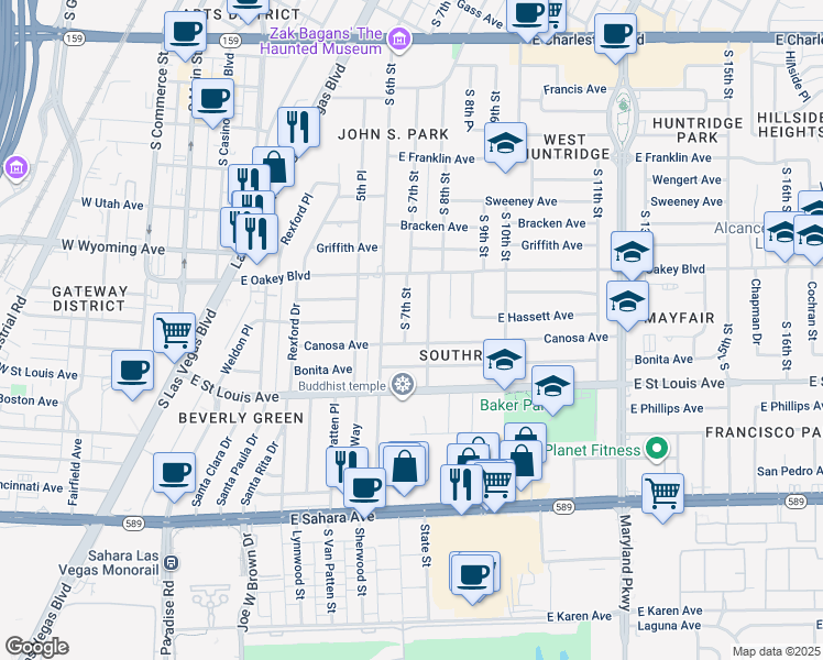 map of restaurants, bars, coffee shops, grocery stores, and more near 1811 South 7th Street in Las Vegas