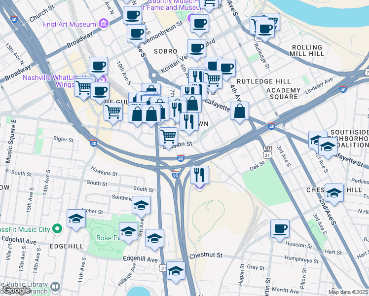 map of restaurants, bars, coffee shops, grocery stores, and more near 815 Ewing Avenue in Nashville