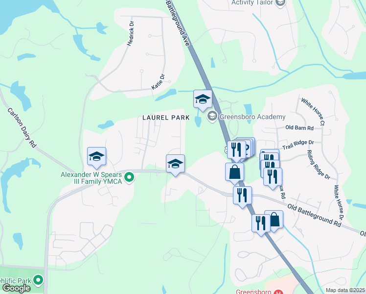 map of restaurants, bars, coffee shops, grocery stores, and more near 4500 Laurel Run Drive in Greensboro