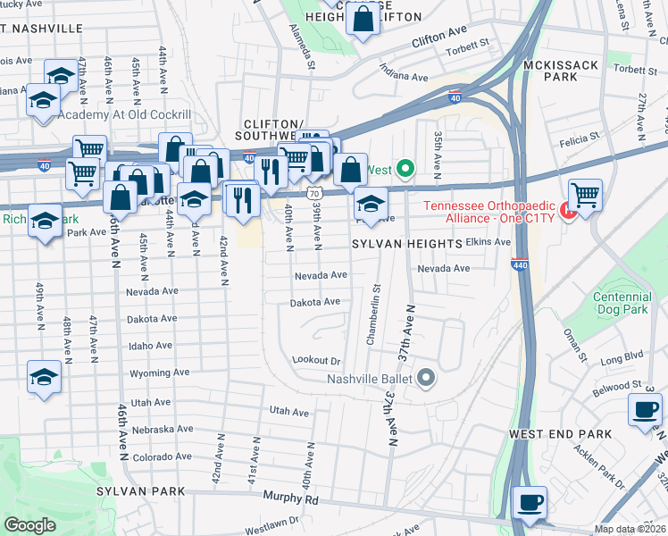 map of restaurants, bars, coffee shops, grocery stores, and more near 3811 Elkins Avenue in Nashville