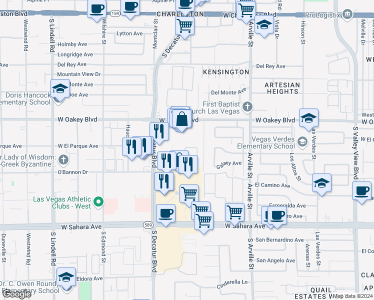 map of restaurants, bars, coffee shops, grocery stores, and more near 4752 O'Bannon Drive in Las Vegas