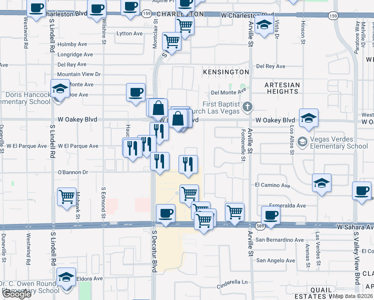 map of restaurants, bars, coffee shops, grocery stores, and more near 1801 South Decatur Boulevard in Las Vegas