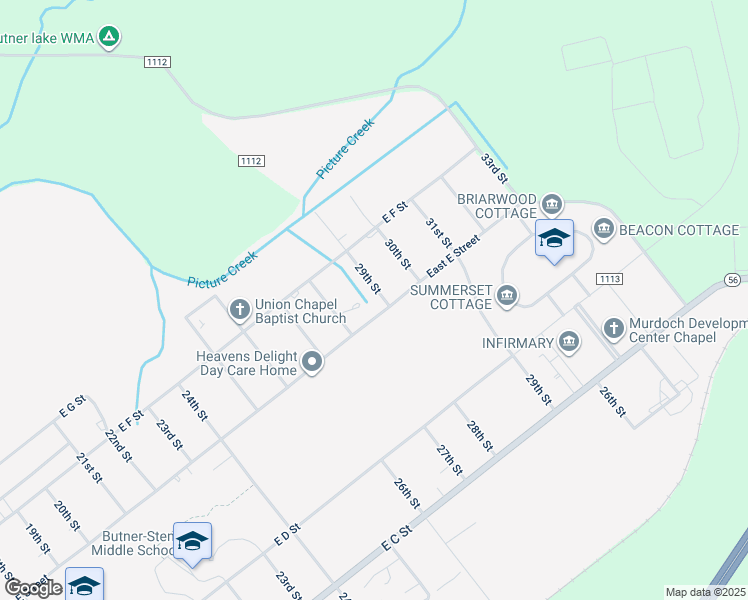 map of restaurants, bars, coffee shops, grocery stores, and more near 603 29th Street in Butner