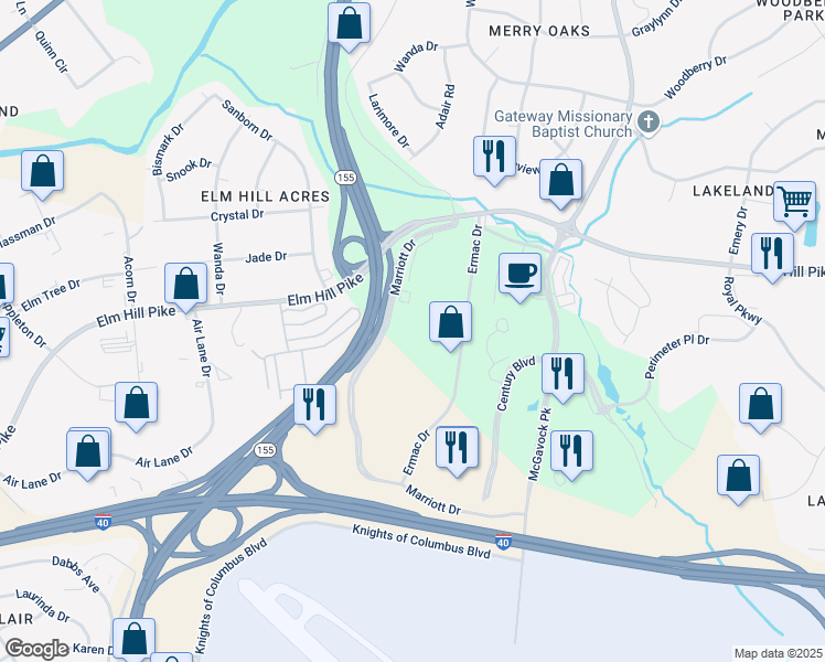 map of restaurants, bars, coffee shops, grocery stores, and more near 545 Marriott Drive in Nashville