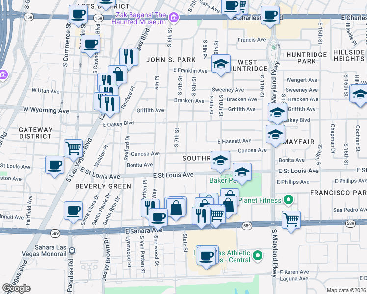 map of restaurants, bars, coffee shops, grocery stores, and more near 1810 South 8th Street in Las Vegas