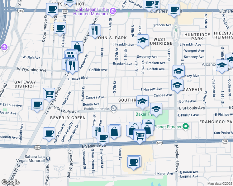 map of restaurants, bars, coffee shops, grocery stores, and more near 1811 South 7th Street in Las Vegas