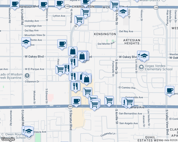 map of restaurants, bars, coffee shops, grocery stores, and more near 1908 Cameron Street in Las Vegas