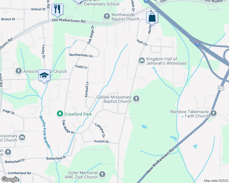 map of restaurants, bars, coffee shops, grocery stores, and more near 4148 Sunflower Circle in Winston-Salem