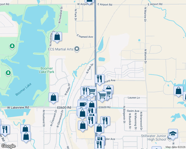 map of restaurants, bars, coffee shops, grocery stores, and more near 2719 North Park Circle in Stillwater