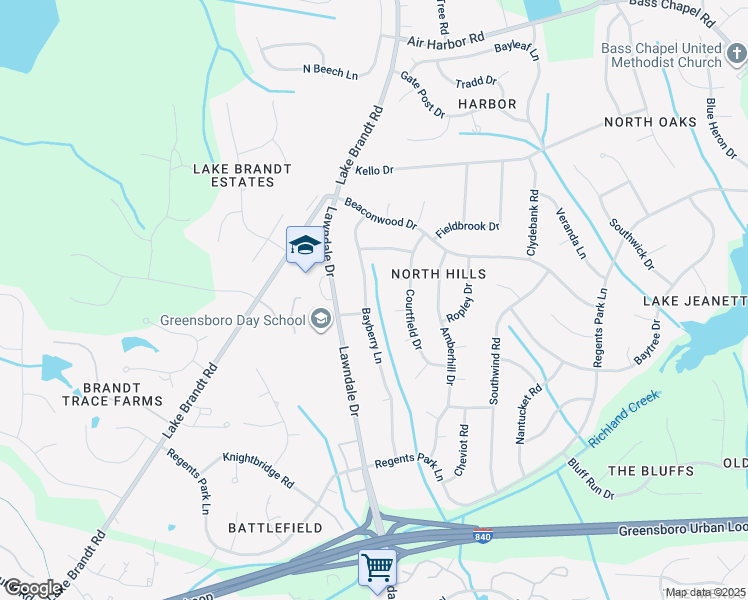 map of restaurants, bars, coffee shops, grocery stores, and more near 5305 Bayberry Lane in Greensboro