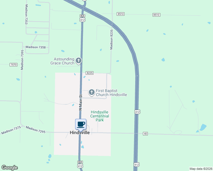 map of restaurants, bars, coffee shops, grocery stores, and more near 246 Madison 7835 in Hindsville