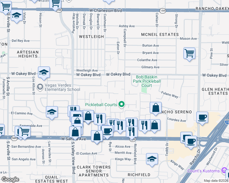 map of restaurants, bars, coffee shops, grocery stores, and more near 3216 Plaza De Rafael in Las Vegas