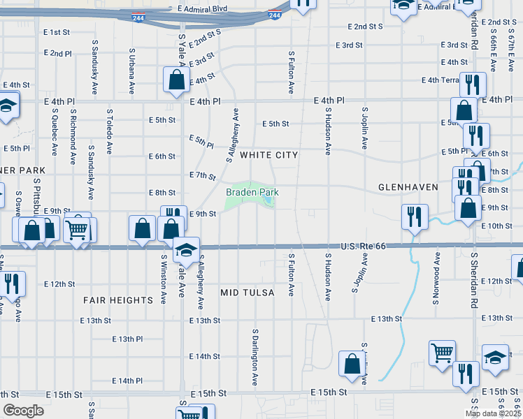 map of restaurants, bars, coffee shops, grocery stores, and more near 5302 East 9th Street in Tulsa
