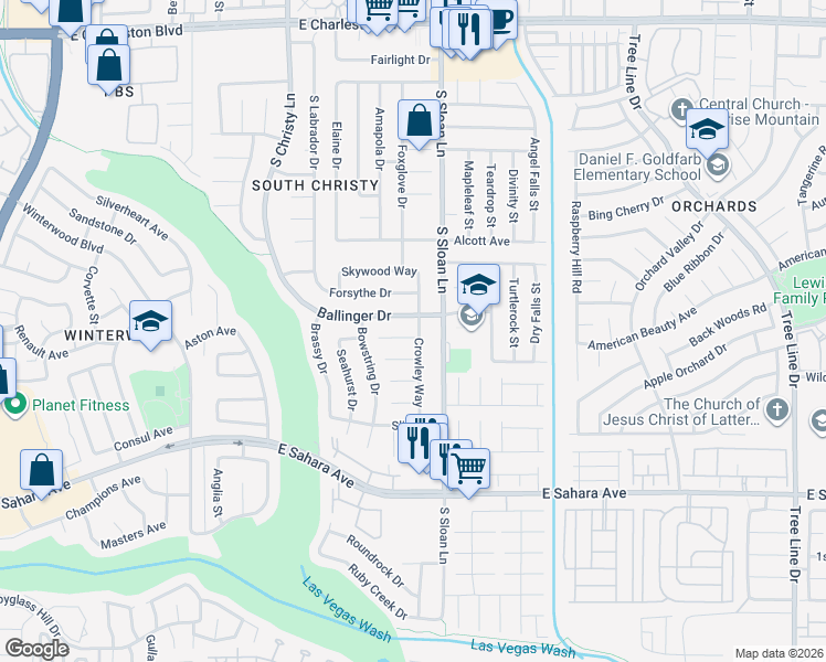 map of restaurants, bars, coffee shops, grocery stores, and more near 5775 Ballinger Drive in Las Vegas