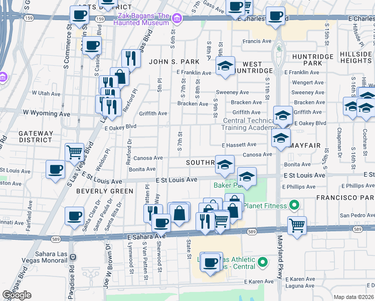 map of restaurants, bars, coffee shops, grocery stores, and more near 1807 South 8th Street in Las Vegas