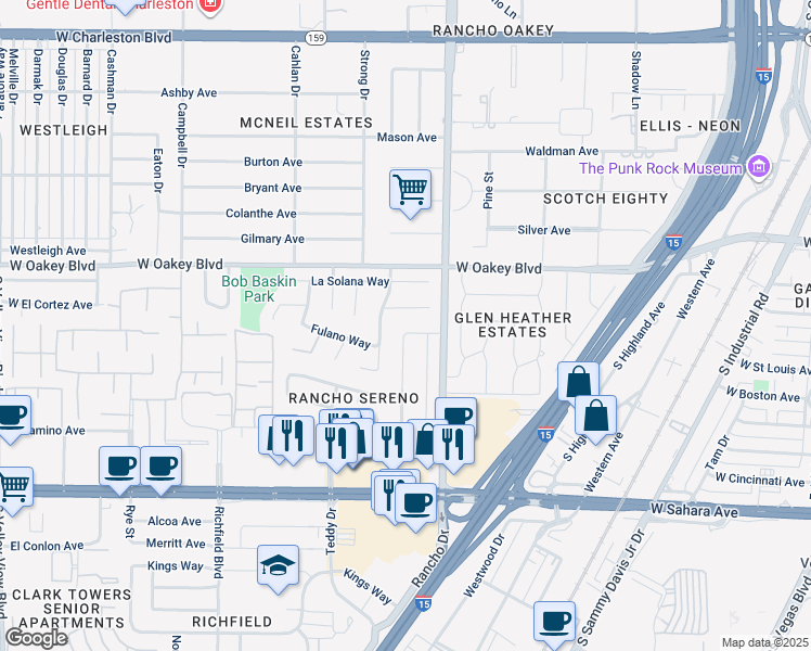 map of restaurants, bars, coffee shops, grocery stores, and more near 2401 Zafra Court in Las Vegas