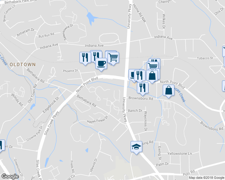 map of restaurants, bars, coffee shops, grocery stores, and more near 3001 Northwood Drive in Winston-Salem