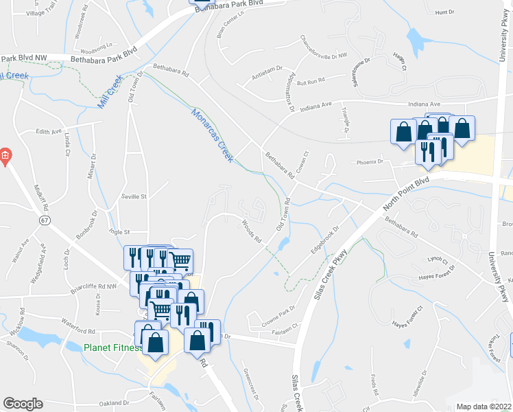 map of restaurants, bars, coffee shops, grocery stores, and more near 1212 Bethabara Hills Court in Winston-Salem