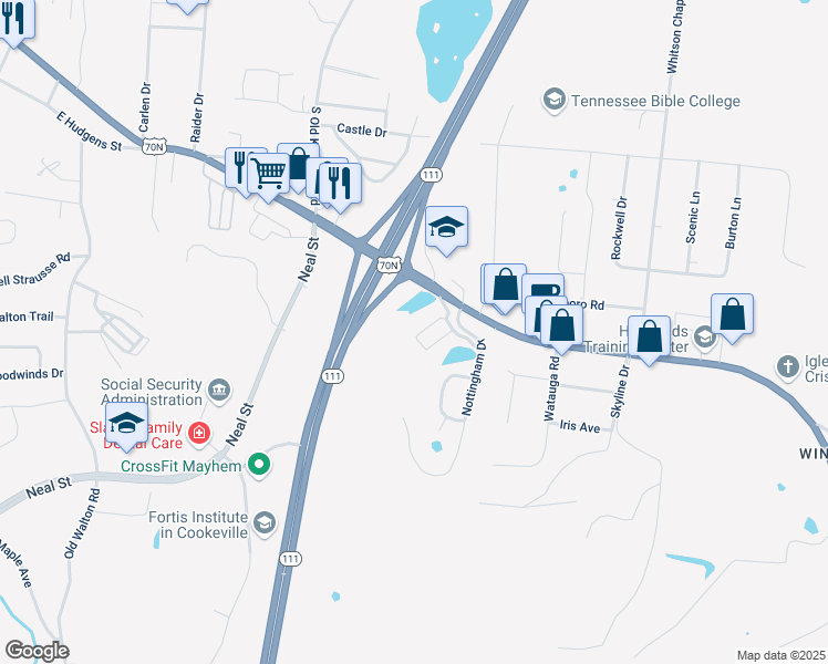 map of restaurants, bars, coffee shops, grocery stores, and more near 1440 East Spring Street in Cookeville