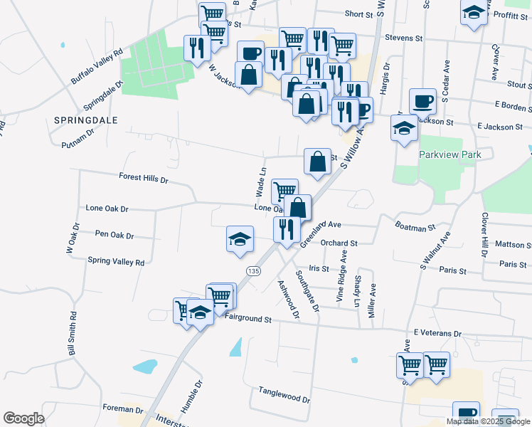 map of restaurants, bars, coffee shops, grocery stores, and more near 340 Lone Oak Drive in Cookeville