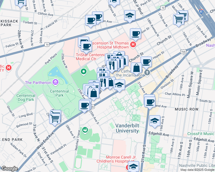 map of restaurants, bars, coffee shops, grocery stores, and more near 114 23rd Avenue North in Nashville