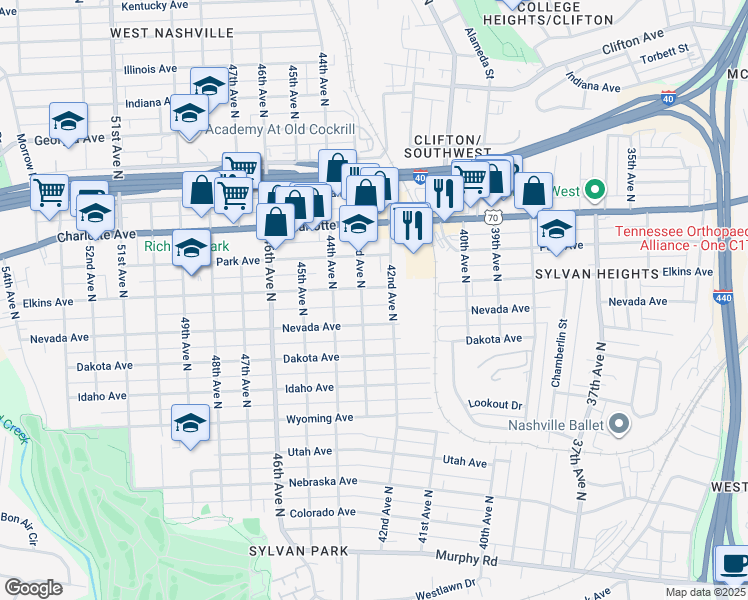 map of restaurants, bars, coffee shops, grocery stores, and more near 4209 Elkins Avenue in Nashville