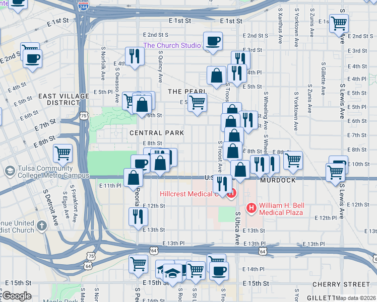 map of restaurants, bars, coffee shops, grocery stores, and more near 1520 East 8th Street in Tulsa
