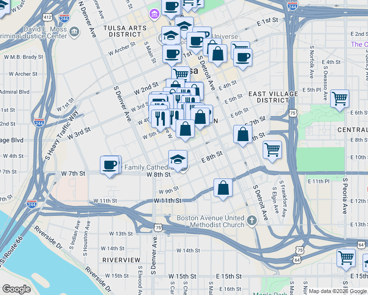 map of restaurants, bars, coffee shops, grocery stores, and more near 614 South Main Street in Tulsa