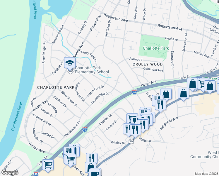 map of restaurants, bars, coffee shops, grocery stores, and more near 504 American Road in Nashville