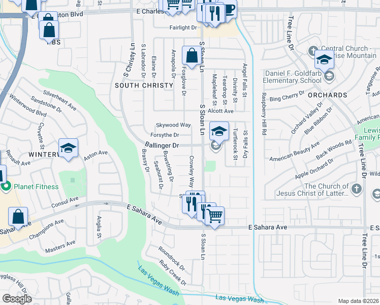 map of restaurants, bars, coffee shops, grocery stores, and more near 5784 Akron Court in Las Vegas