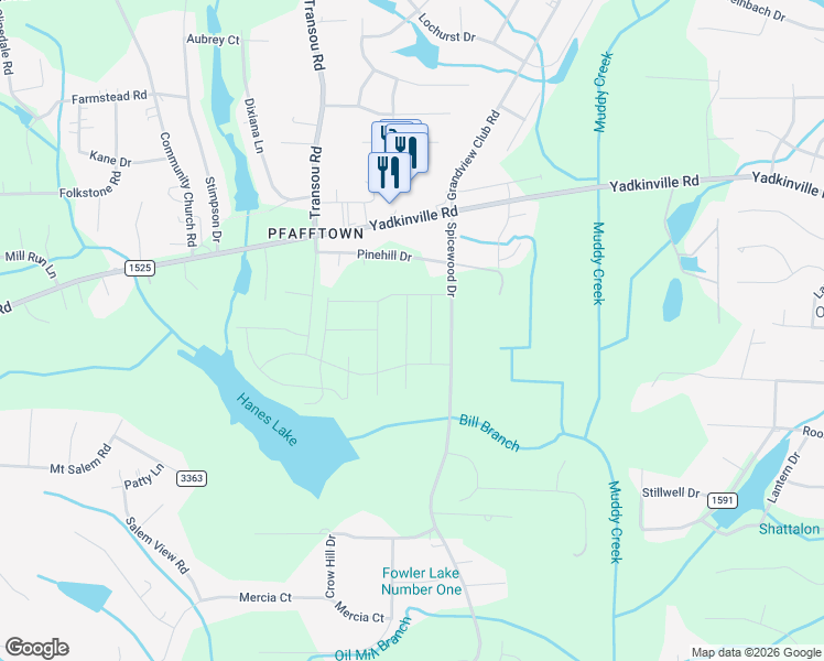 map of restaurants, bars, coffee shops, grocery stores, and more near 2774-2850 Spicewood Drive in Winston-Salem