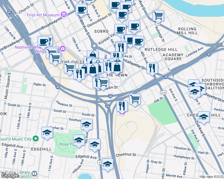 map of restaurants, bars, coffee shops, grocery stores, and more near 815 Ewing Avenue in Nashville