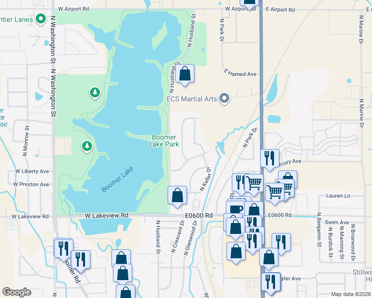 map of restaurants, bars, coffee shops, grocery stores, and more near 2716 North Keller Drive in Stillwater