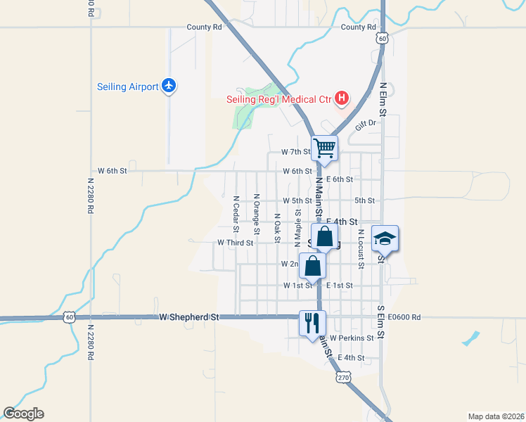 map of restaurants, bars, coffee shops, grocery stores, and more near 305 4th Street in Seiling