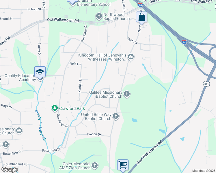 map of restaurants, bars, coffee shops, grocery stores, and more near 4148 Sunflower Circle in Winston-Salem