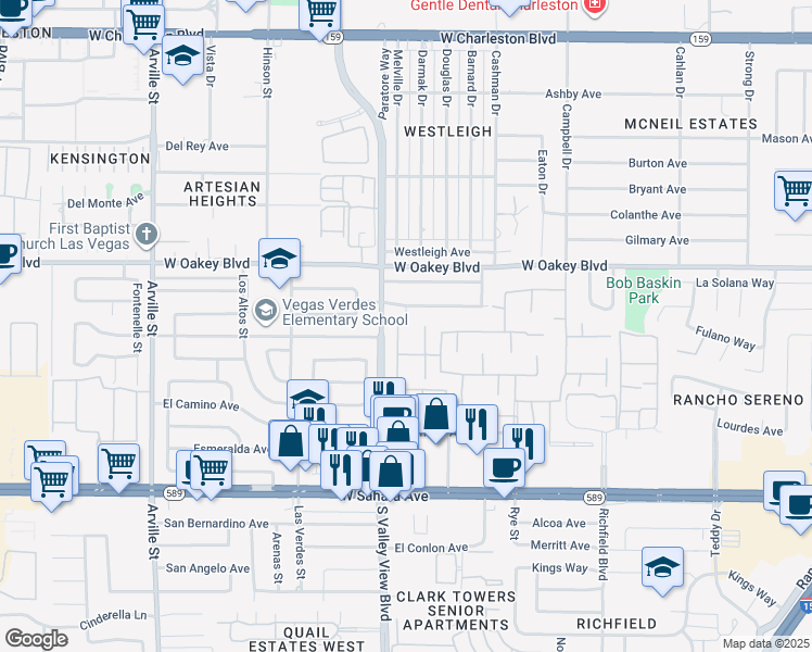 map of restaurants, bars, coffee shops, grocery stores, and more near 1905 Plaza Del Padre in Las Vegas