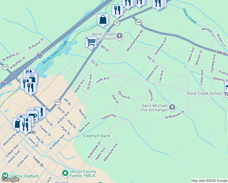 map of restaurants, bars, coffee shops, grocery stores, and more near 500 Ash Street in Erwin