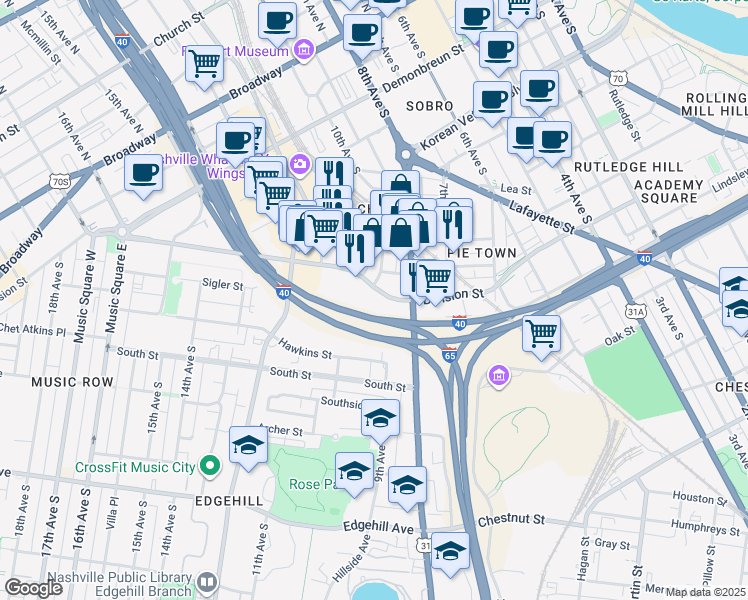 map of restaurants, bars, coffee shops, grocery stores, and more near 900-1098,901-1099 Sigler Street in Nashville