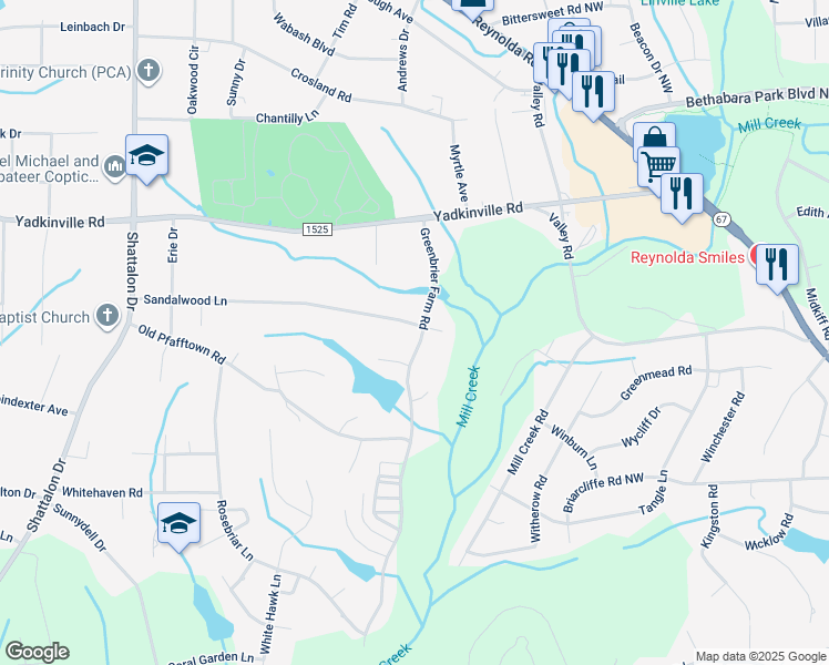 map of restaurants, bars, coffee shops, grocery stores, and more near 3762 Sandalwood Lane in Winston-Salem