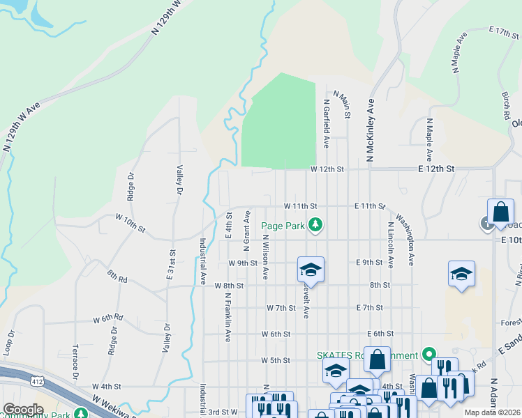 map of restaurants, bars, coffee shops, grocery stores, and more near 417 West 11th Street in Sand Springs
