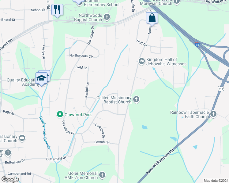 map of restaurants, bars, coffee shops, grocery stores, and more near 4148 Sunflower Circle in Winston-Salem