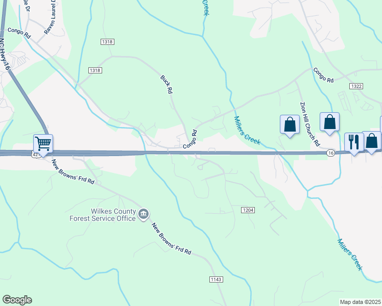 map of restaurants, bars, coffee shops, grocery stores, and more near 1677 North Carolina 16 in Wilkesboro
