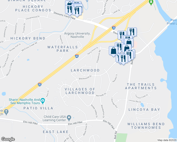 map of restaurants, bars, coffee shops, grocery stores, and more near 321 Lakebrink Drive in Nashville