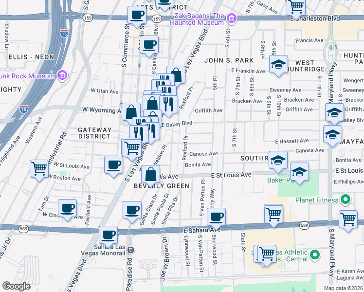 map of restaurants, bars, coffee shops, grocery stores, and more near 1727 Santa Paula Drive in Las Vegas