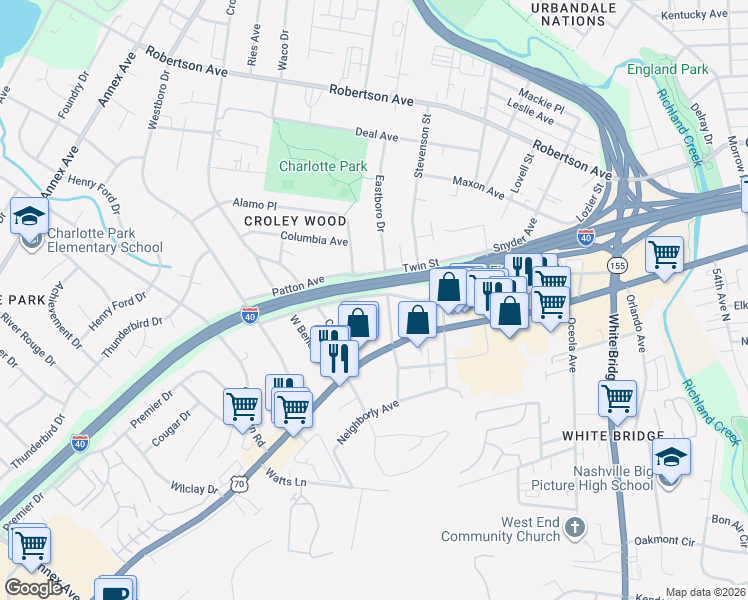 map of restaurants, bars, coffee shops, grocery stores, and more near 6105 Obrien Avenue in Nashville