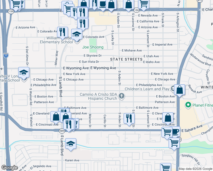 map of restaurants, bars, coffee shops, grocery stores, and more near Las Vegas Expressway in Las Vegas