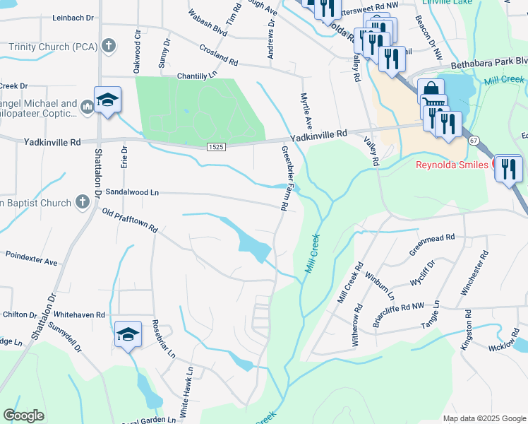 map of restaurants, bars, coffee shops, grocery stores, and more near 3762 Sandalwood Lane in Winston-Salem